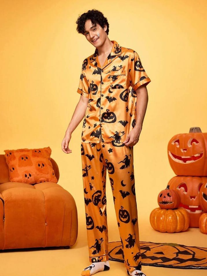 Bonga Boys Men's Halloween Print Satin Orange Pajama Sleepwear Set